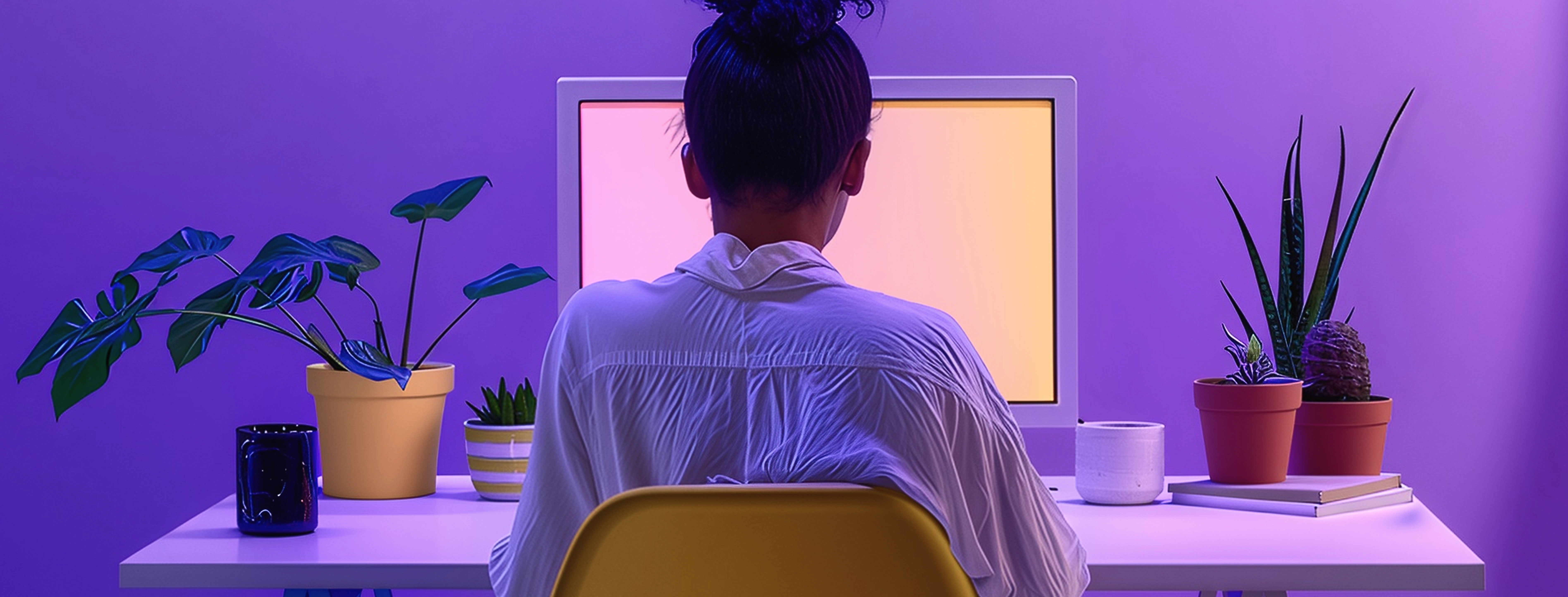 Person at a desk with a colorful gradient screen and plants on both sides.